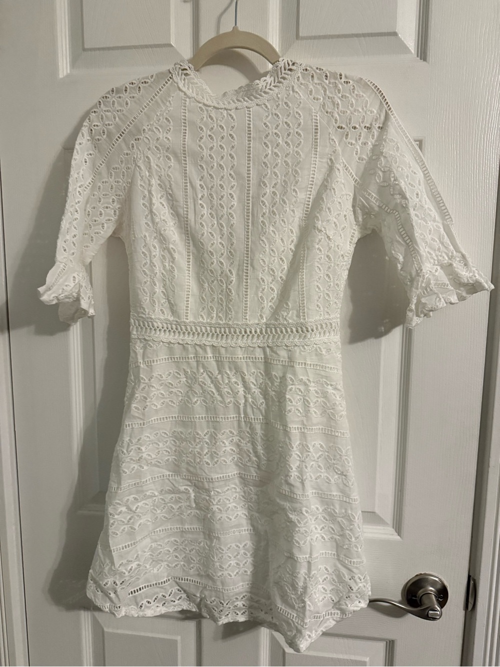 White Eyelet Lace Mini Dress with Ruffled Sleeves